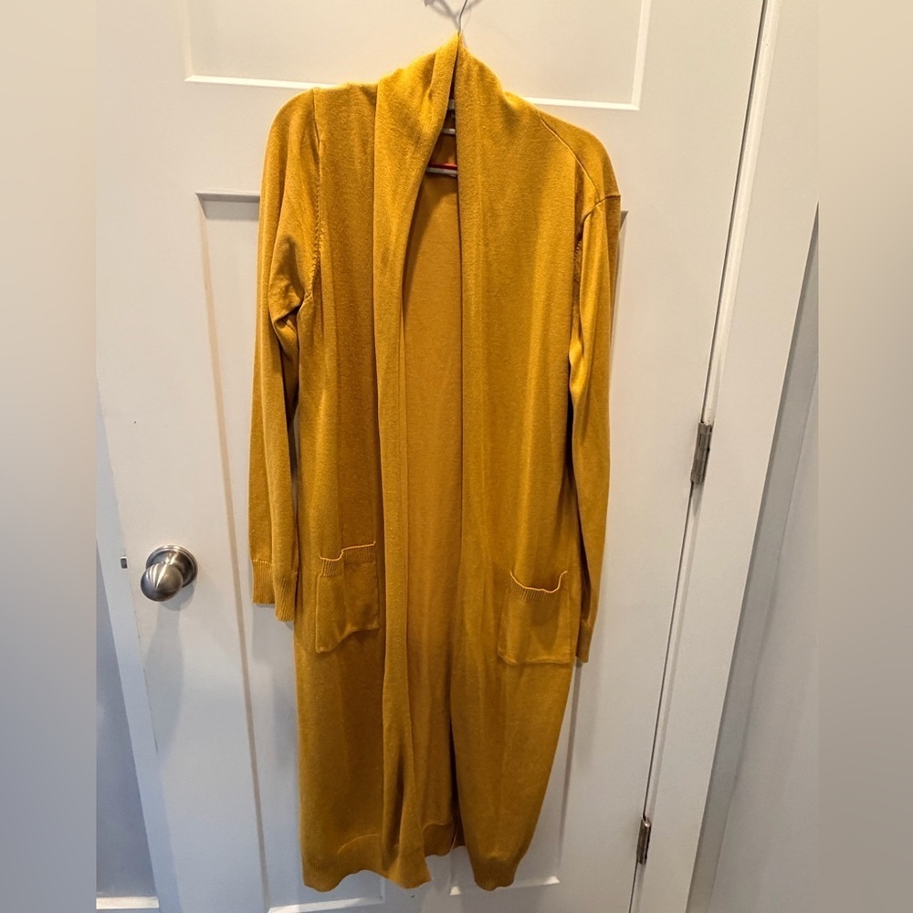Grace Karin Mustard Longline Open Front Cardigan Sweater Pockets Viscose Blend